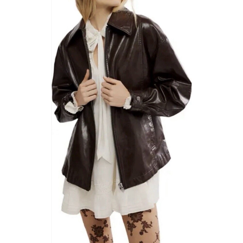 We The Free People Sloan Brown Zip Slouchy Faux Leather Jacket Size XS READ